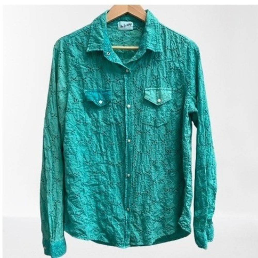 NEW Nu Vintage Eyelet Shirt Women's Teal‎ Long Sleeve Large